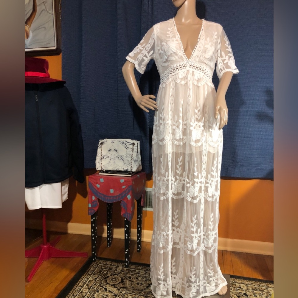 Aakaa Sheer Lace Maxi Dress with Crochet Trim